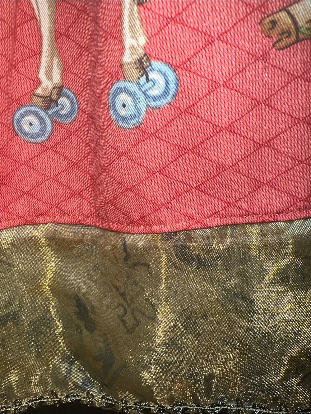 Vintage White & Red Carousel-Print Girls Dress with Gold Trim